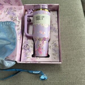 LoveShackFancy Pink and Purple Floral 40 oz Tumbler with Gold Trim